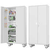 Greenvelly White Metal Storage Cabinet with Wheels, 72" Steel Garage Rolling Cabinet with Doors and 4 Shelves, Tall Locking Cabinets Tool Lockable Storage Cabinets for Basement, Pantry, Home Office Greenvelly