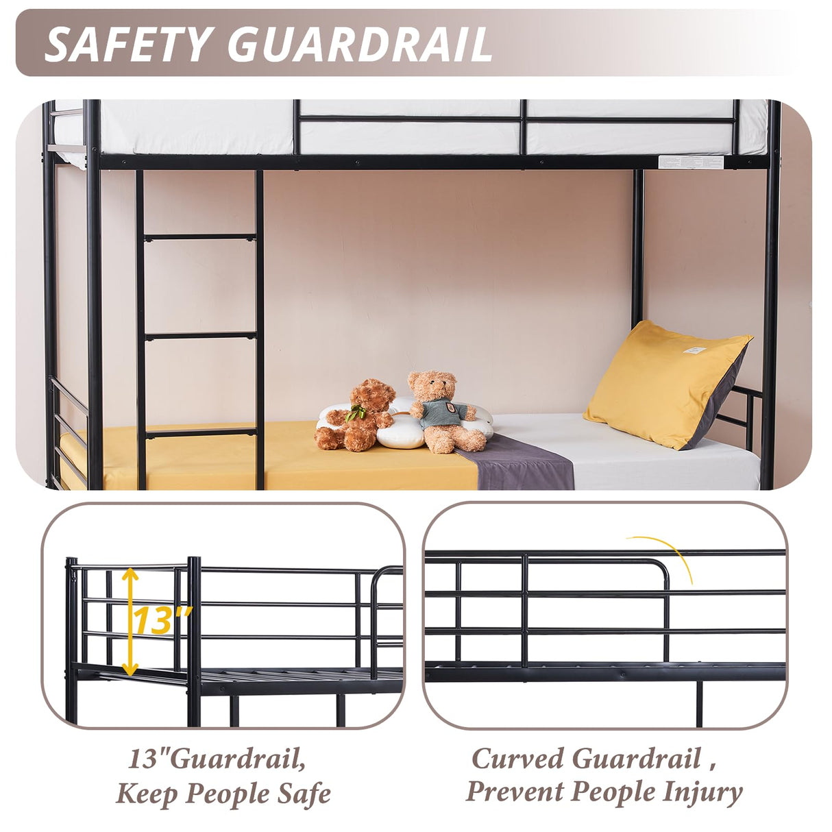 Karl home Black Bunk Bed Twin Over Twin, Metal Bunk Bed with Built-in Ladder and Safety Guardrail, Space-Saving Twin Bunk Beds for Kids, Teens & Adults, No Box Spring Karl home