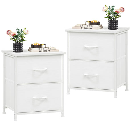 Somdot White Nightstand Set of 2, Small Dresser for Bedroom with 2 Drawers, Bedside Table Night Stand End Table with Fabric Bins for Bedroom Kids Closet Dorm Guest Room, White Leather Somdot