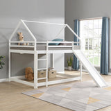 Full Size Loft Bed with Slide, Space Saving House Bunk Beds for Kids Bedroom Furniture, Pine Wood Bed Frame with 12.4" High Safety Guardrail & Ladder, No Box Spring Needed, Teens, Girls, Boys, White Obuvar