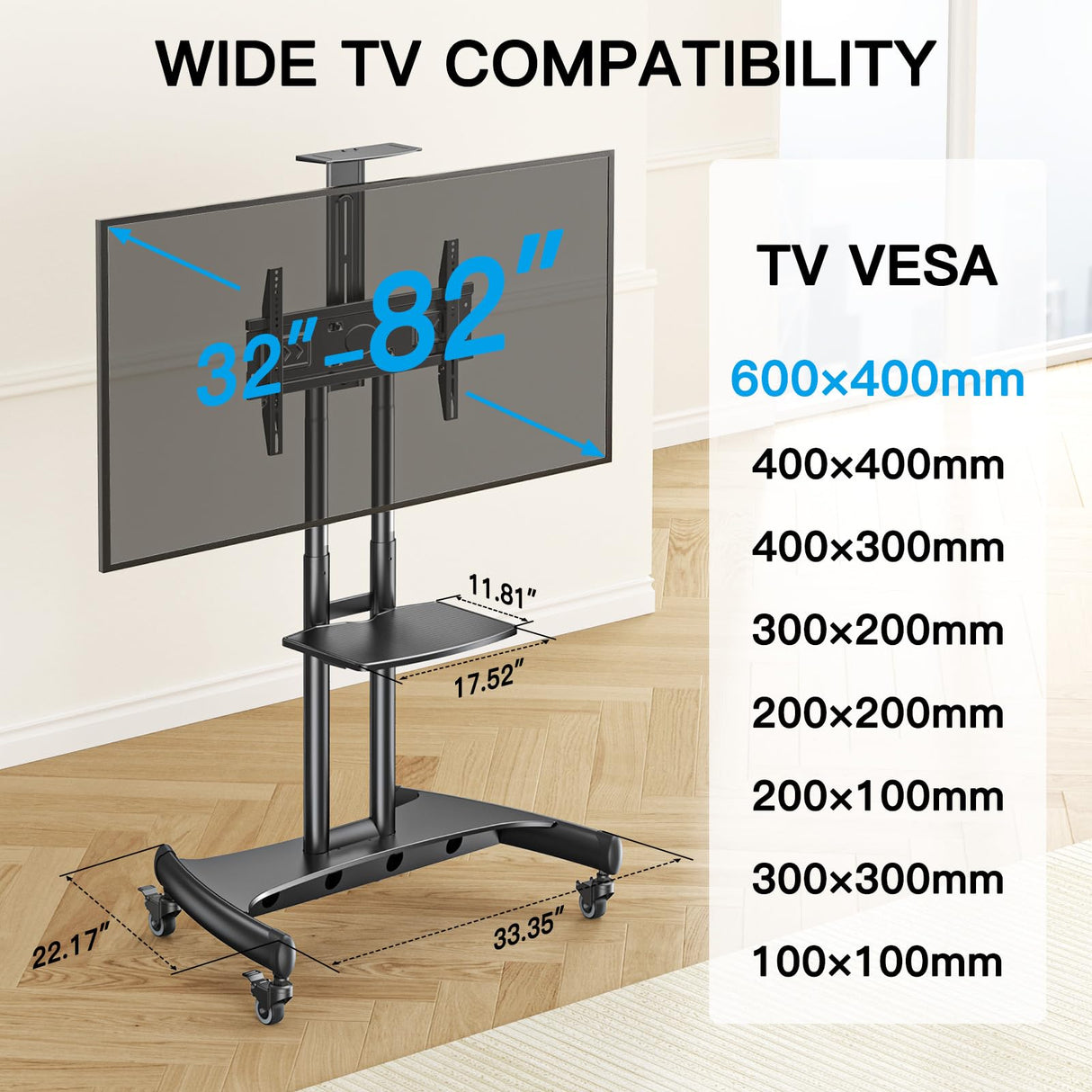 PERLESMITH Rolling/Mobile TV Cart with Wheels for 32-82 Inch LCD LED 4K Flat Screen TVs - TV Floor Stand with Shelf Holds Up to 100 lbs, Height Adjustable Trolley Max VESA 600x400mm- PSTVMC05 PERLESMITH