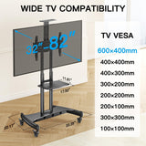 PERLESMITH Rolling/Mobile TV Cart with Wheels for 32-82 Inch LCD LED 4K Flat Screen TVs - TV Floor Stand with Shelf Holds Up to 100 lbs, Height Adjustable Trolley Max VESA 600x400mm- PSTVMC05 PERLESMITH