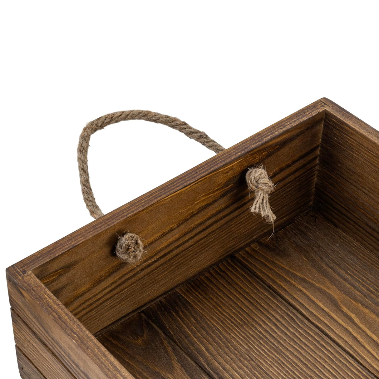 MyGift 15 Inch Large Rustic Brown Solid Wood Decorative Storage Box with Rope Carrying Handles, Country Style Wooden Crate, Farmhouse Pallet Design Open Top Bin MyGift