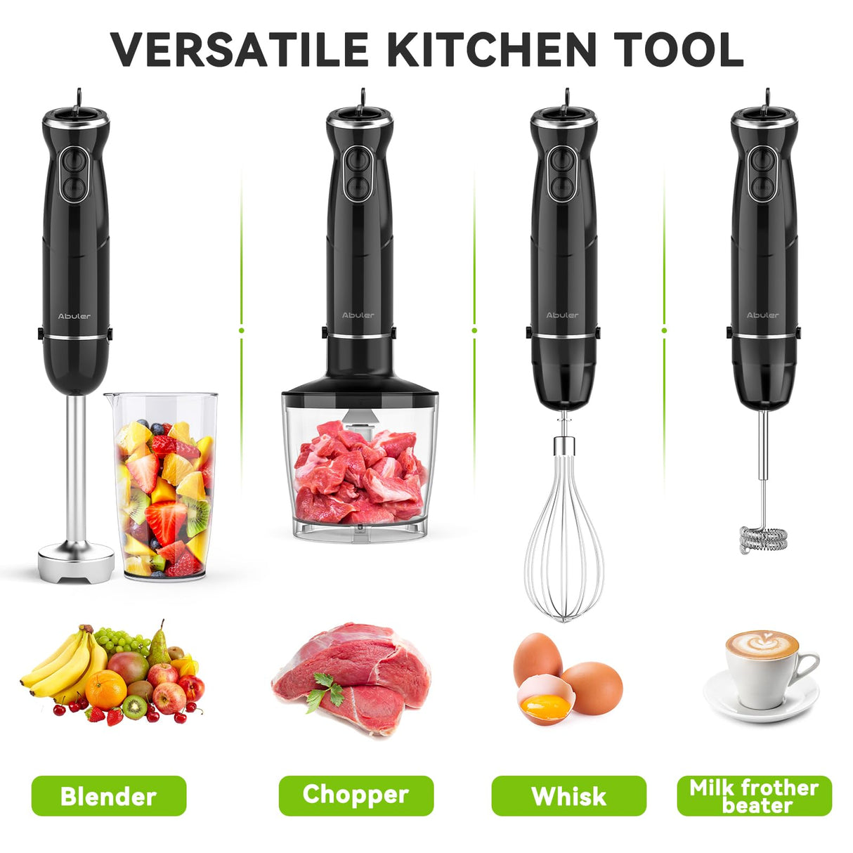 Immersion Blender Handheld Hand Blender, 1000W 5 in 1 Hand Mixer Stick, BPA-Free 12 Speed Handheld Blender 304 Stainless, Mixing Beaker, Chopper, Whisk, Milk Frother, Soup, Smoothies, Baby Food, Sauce Abuler