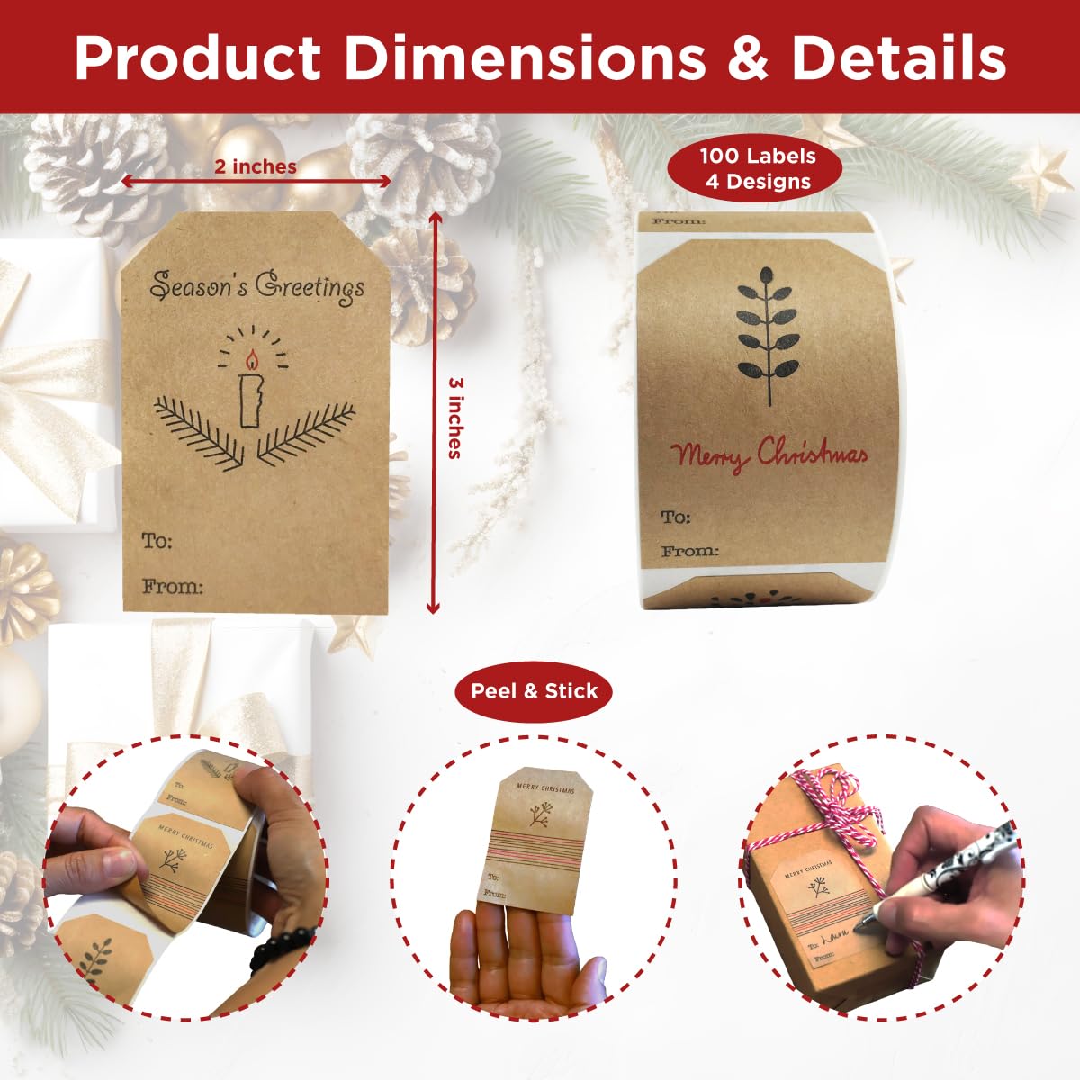 Boho Simple Christmas Gift Tag Adhesive Stickers – 2 x 3 Inch Labels, Roll of 100 with Minimalist Designs – Merry Christmas, Noel, and Candle, Made in The USA InStockLabels.com