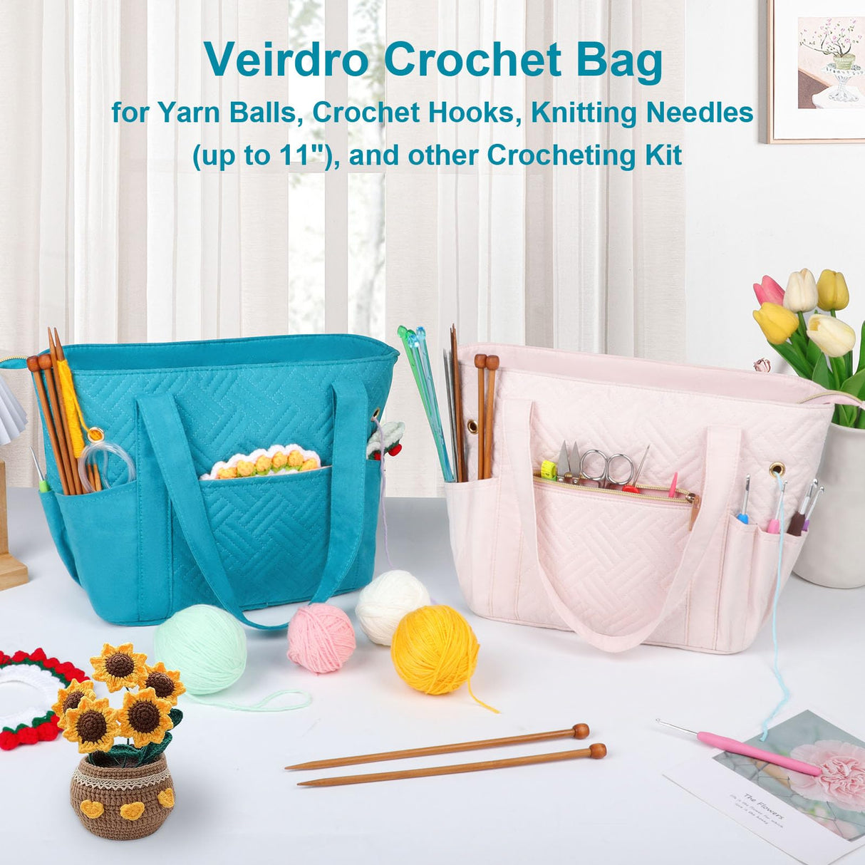 Veirdro Crochet Bag Organizer for Yarn Storage, Velvet Knitting Tote Bag with Double Handle for Crochet Accessories, Portable Travel Case for Yarn Balls, Crochet Hooks& Knitting Needles Holder (Teal) Veirdro