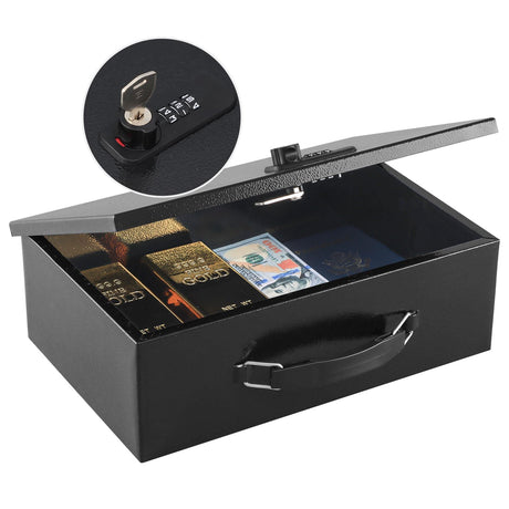 KYODOLED Fireproof Lock Box for Documents, Dual Combination and Key Lock Security with Carrying Handle, Metal Strong Safe Box to Keep Personal Items,Documents, Exterior 12.8" x 8.4" x 4.5", Black KYODOLED