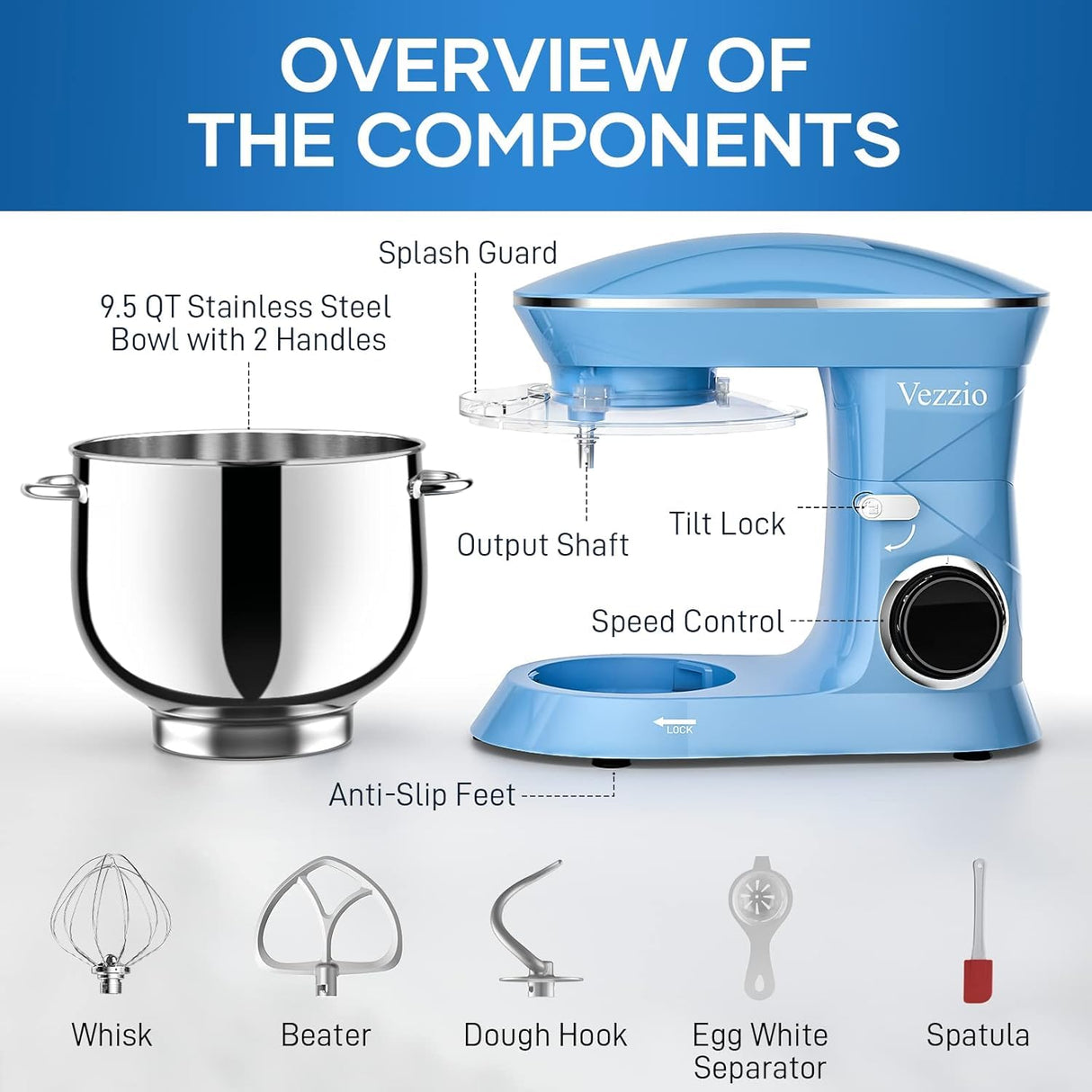9.5 Qt Stand Mixer, 10-Speed Tilt-Head Food Mixer, Vezzio 660W Kitchen Electric Mixer with Stainless Steel Bowl, Dishwasher-Safe Attachments for Most Home Cooks(Blue) Vezzio