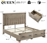 AMERLIFE Farmhouse Queen Bed Frame with 54" Tall Geometric Headboard & Footboard, Rustic Wood Platform Bed Frame with Large Storage Drawers, Wood Slats Support, No Box Spring Needed, Rustic Gray AMERLIFE