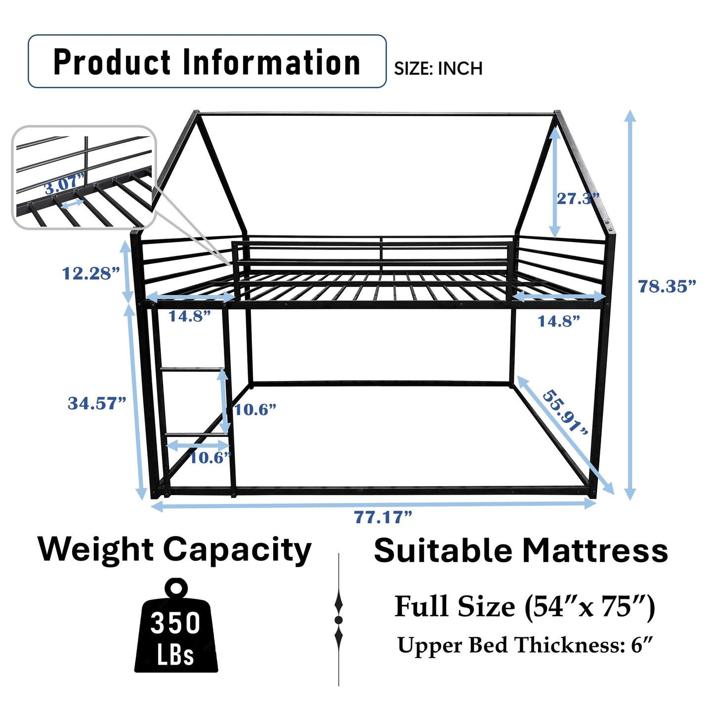 UOCFYK Full Over Full House Bunk Bed with Roof Design & Ladder, Metal Playhouse Bedframe for Kids, Boys and Girls, Easy Assembly & No Box Spring Needed (Black)