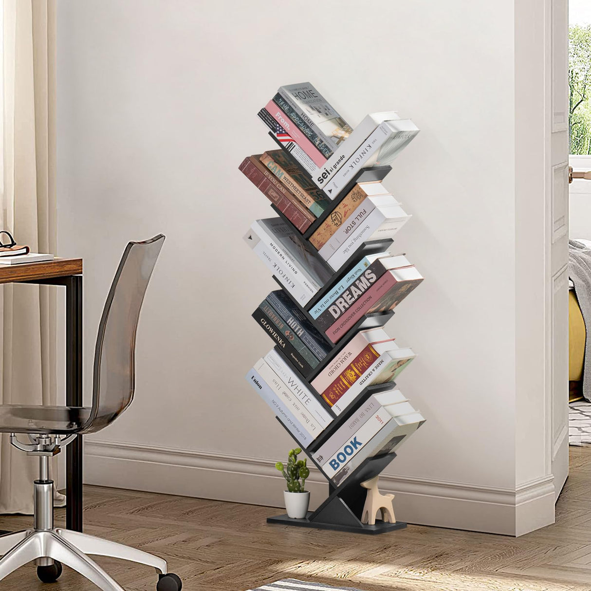 SHEEPAM 10 Tier Tree Book Shelf, Floor Standing Wood Bookshelf for Narrow Space, Storage Organizer Bookshelves for Books/CDs/Magazine, Bookcase with Shelves for Home Office, Living Room - Black SHEEPAM