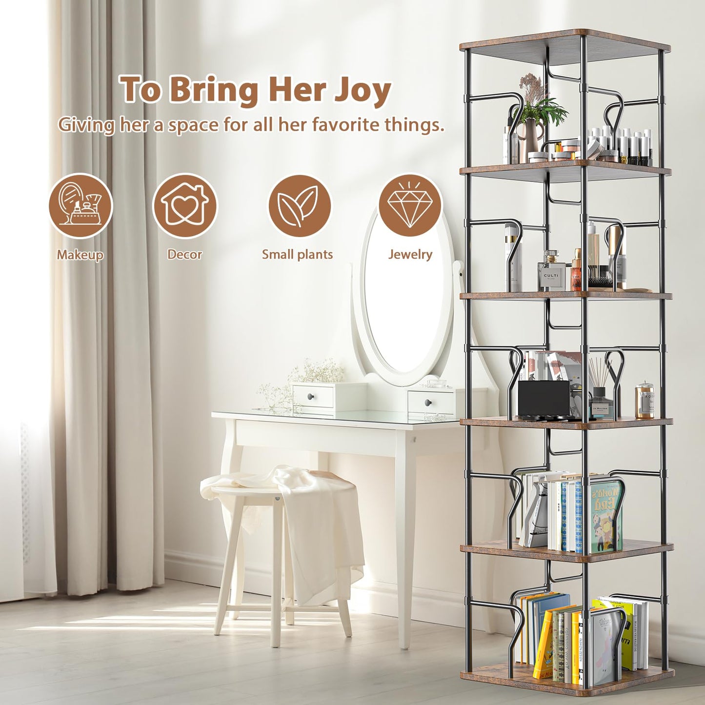 VYRIVA 5 Tier Square Rotating Bookshelf Tower, Spinning Bookshelf, 360° Display Round Bookcase, Floor Standing Corner Revolving Bookshelf Organizer Storage Rack for Home Study Office, Small Spaces