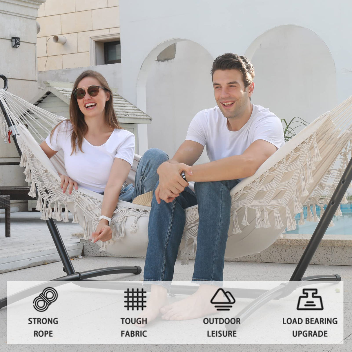 SXSEAGLE Double Hammock with Stand Upgraded Phone Holder Portable Heavy Duty Stainless Steel Indoor Outdoor Patio Yard Beach with Carrying Case （2022 Beige） SXSEAGLE