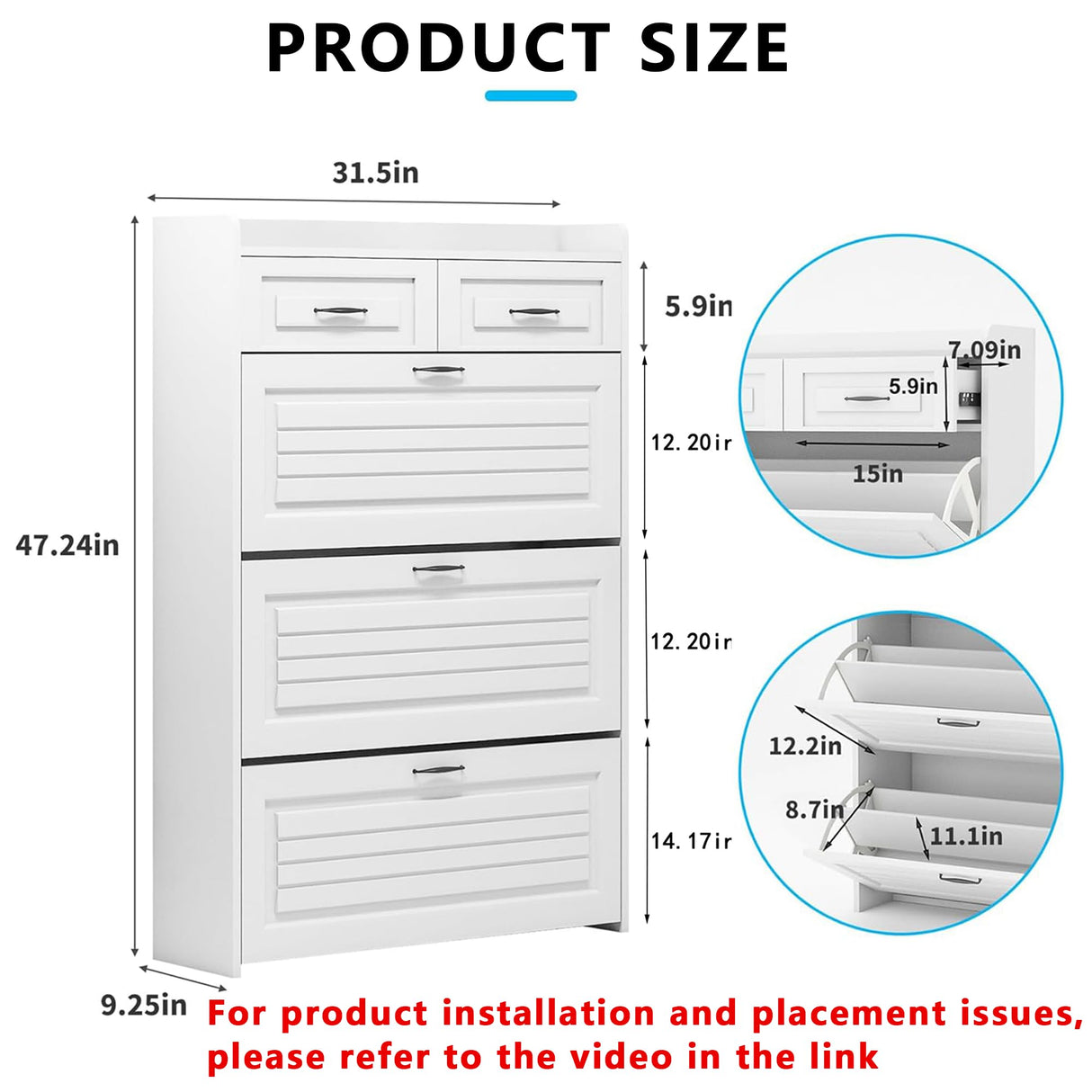 MOOLSUN Multi Functional Narrow flip Shoe Cabinet with 3 Doors 2 Drawers, Save Space, Suitable for Entryway and corridors (A - White) MOOLSUN