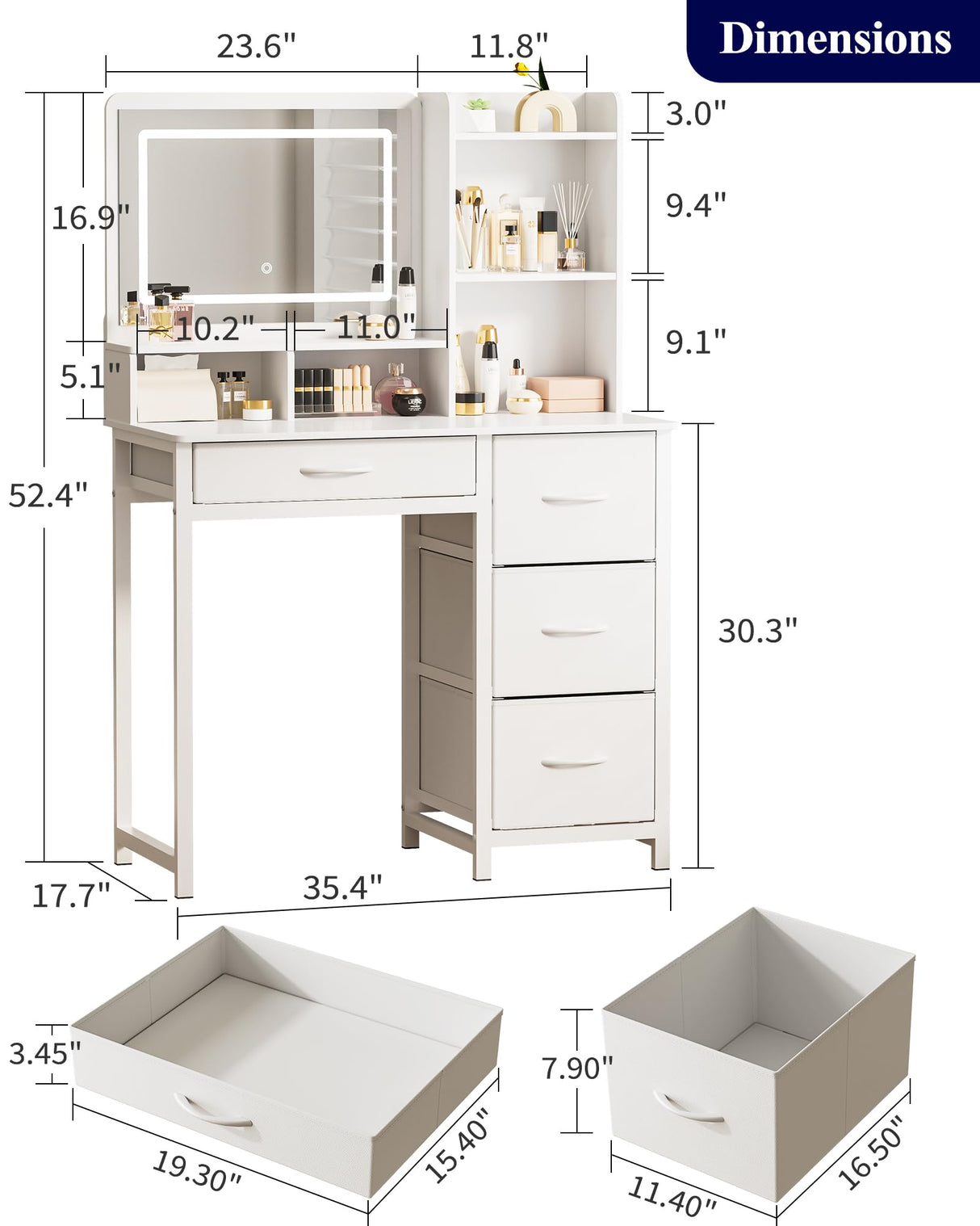 Kitsure Vanity Desk with Mirror and Lights - Large Capacity Makeup Vanity with 4 Fabric Storage Drawers & 3 Lighting Modes, Vanity Table Set with Sturdy Metal Frame for Bedroom, White, 35" x 17" x 52" Kitsure