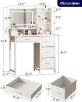 Kitsure Vanity Desk with Mirror and Lights - Large Capacity Makeup Vanity with 4 Fabric Storage Drawers & 3 Lighting Modes, Vanity Table Set with Sturdy Metal Frame for Bedroom, White, 35" x 17" x 52" Kitsure