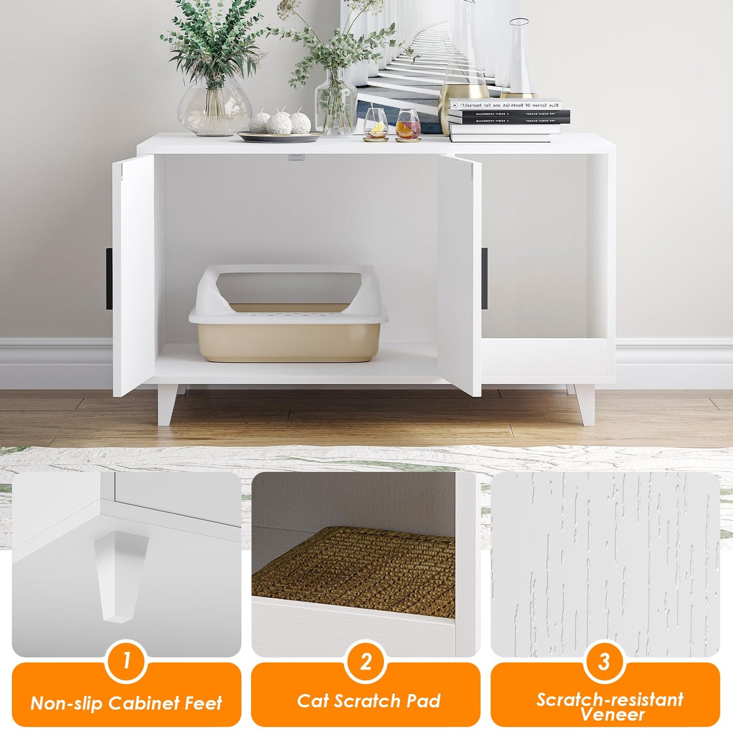 AMEASY Modern Hidden Cat Litter Box Enclosure Furniture with Scratching Pad for Living Room, New White