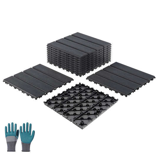 Jewlain 9-Pack 12"x12" Plastic Interlocking Deck Tiles, Waterproof Outdoor Flooring for All Weather, Patio Floor Decking Tiles for Porch, Balcony, Garden, Poolside, Dark Grey