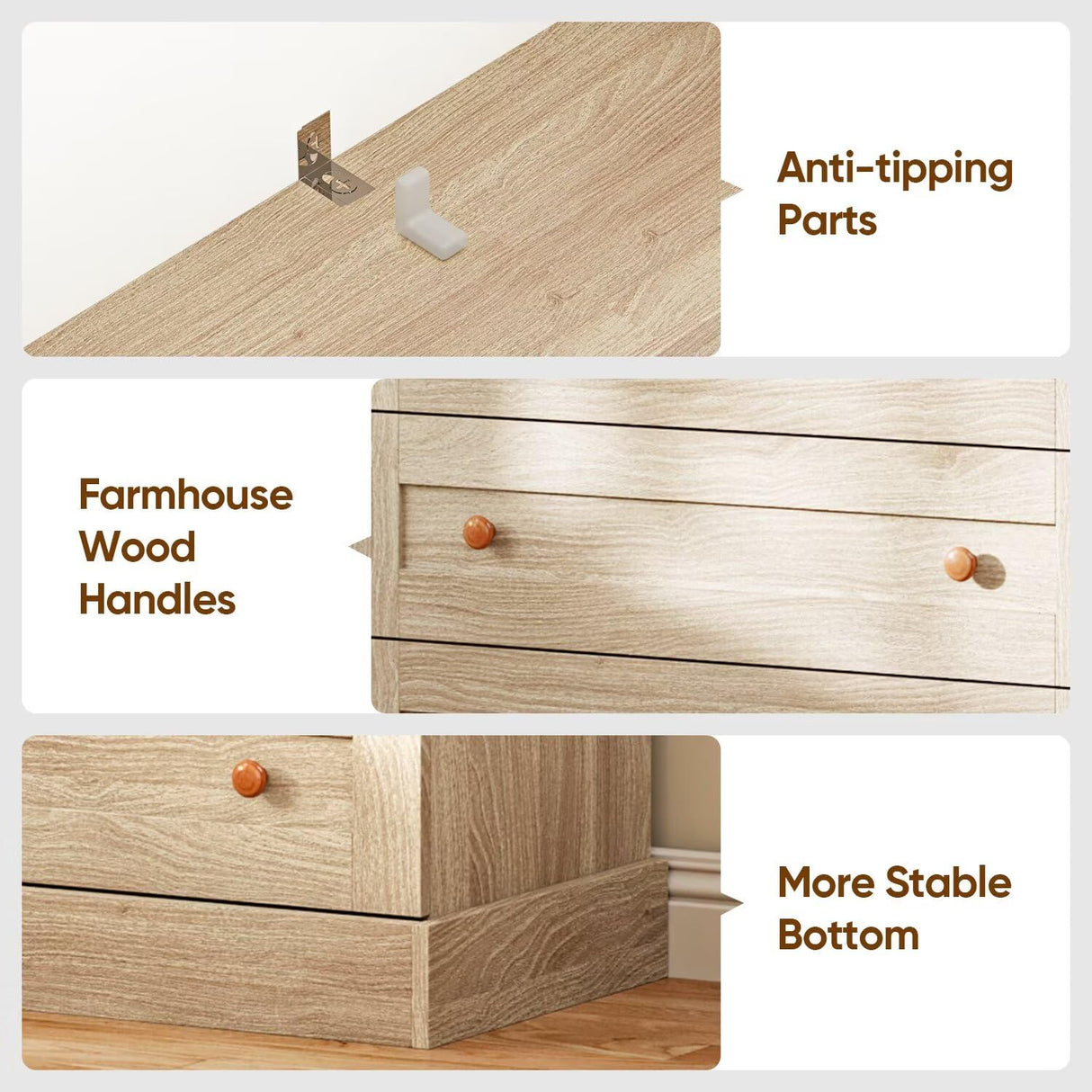 Vyre 71" Tall Farmhouse Bookshelves with Drawers, Set of 3 – Large Modular Bookcase with Adjustable Shelves, Storage Cabinet for Living Room, Kitchen, Home Office, Brown Vyre