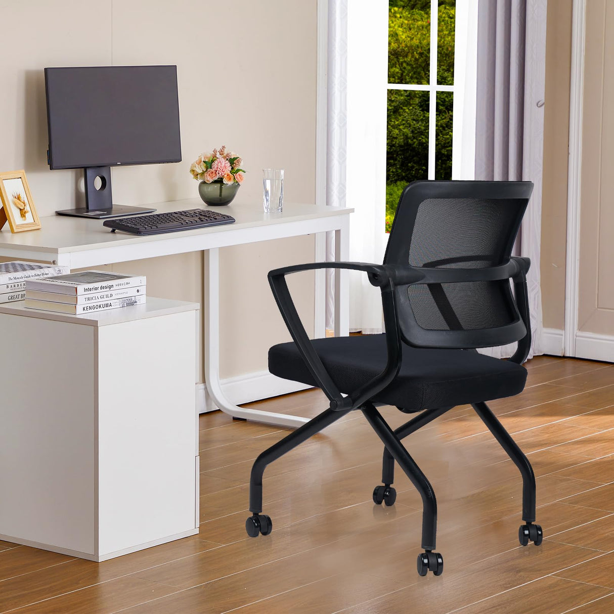 CLATINA Foldable Mesh Ergonomic Training Room Chair Guest Reception Stack Chairs with Caster Wheels and Arms for Office School Church Meeting Conference Training Waiting Room Black (Black Mesh, 1PK) CLATINA