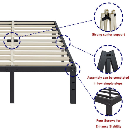 ZIYOO Queen Bed Frame 14 inch High 3 Inches Wide Wood Slats with Heavy Duty 3500 Pounds Support for Mattress, No Box Spring Needed, Easy Assembly, Noise Free ZIYOO