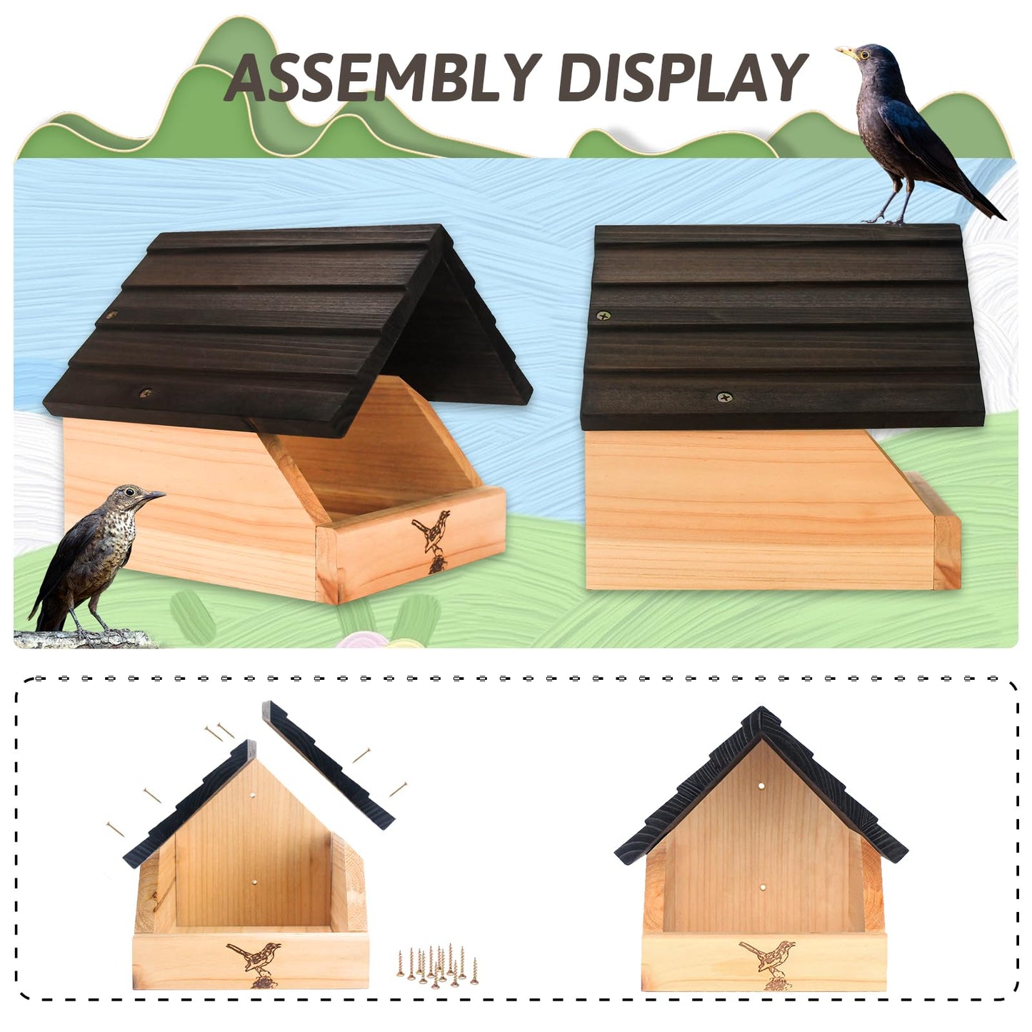 Cedar Open Nesting Box - Cardinal Swallow Bird House Shelter Shelf -Suet Cake Bird Feeder - Birdhouse for Pheobe,Blackbird,Robins,Doves DIY Birdhouse Feeder Kits for Adults.