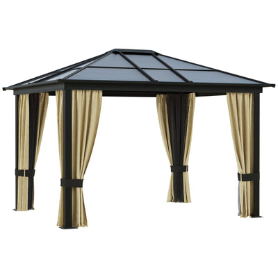Outsunny 10' x 12' Hardtop Gazebo Canopy with Polycarbonate Roof, Aluminum Frame, Permanent Pavilion Outdoor Gazebo with Netting, for Patio, Garden, Backyard, Deck, Lawn, Brown