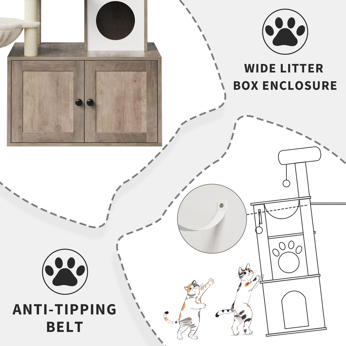Litter Box Enclosure with Cat Tree Tower and Condo, Hidden Cat Washroom Furniture with Sisal Scratching Post & Soft Plush Perch, Wooden Cat Furniture with Multiple Platforms,Griege Amenitlif