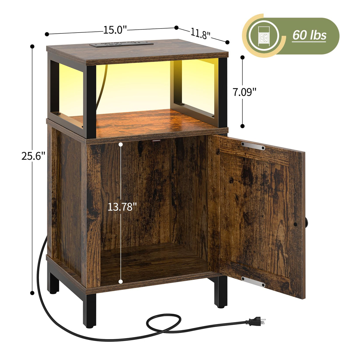 Yoobure Farmhouse Nightstand with Charging Station, Wood Night Stand End Table with USB Ports, LED Bed Side Table with Storage Cabinet, Bedside Table for Bedroom, Living Room Rustic Brown Yoobure