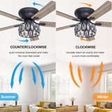 52 inch Flush Mount Black Ceiling Fans with Light Remote Control, 5 Reversible Blade Farmhouse Low Profile Ceiling Fan with Crystal Lighting Chandelier for Bedroom Breezary