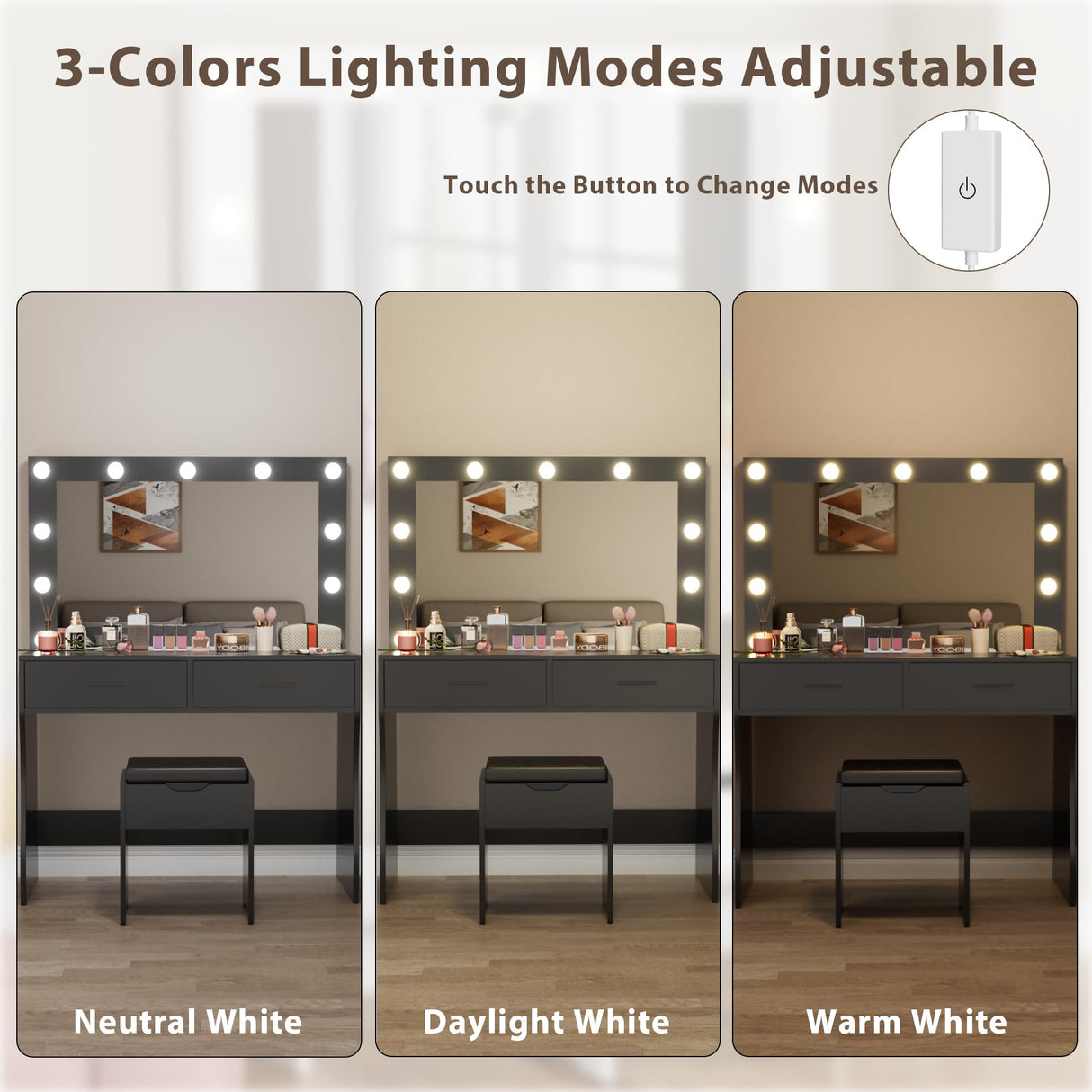 Furmax Vanity Desk Set with Large Lighted Mirror, 35.4 Inch Makeup Vanity Table with 2 Drawers, Cushioned Storage Stool, 3 Lighting Modes Brightness Adjustable, Dressing Table for Bedroom (Black) Furmax