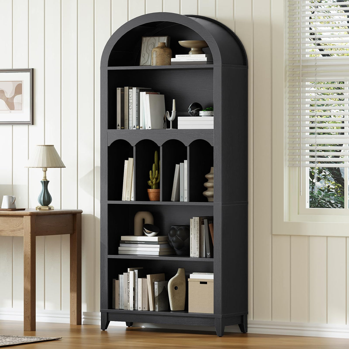 HOOBRO Arched Bookshelf, 70.9" Tall Arch Bookcase with Storage, 5-Tier Farmhouse Book Shelf, Modern Arched Cabinet, Wooden Bookshelf with Open Display Shelves for Living Room, Office, Black BK53SJ01 HOOBRO