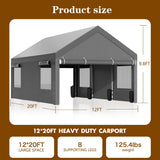 Walsunny Carport, 12x20 ft Heavy Duty Carport Canopy with Roll-up Windows, Portable Garage with Removable Sidewalls & Doors, Car Canopy with All-Season Tarp for Car, Truck, Boat Walsunny