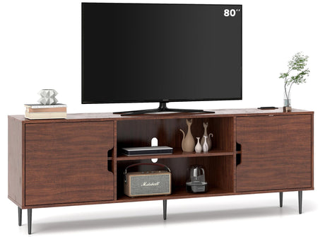 Redkey TV-Stand for Living Room - Mid Century Modern TV Stand with 3AC Outlets, Farmhouse Television Stands for 70 75 80 Inch TVs - Adjustable Shelf Height - Large Space Capacity - Reddish Brown Redkey