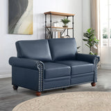 Faux Leather Loveseat Sofa, 59"W Mid Century Modern Couch with Storage, Comfy 2 Seater Sofa with Nailhead Trim & Rolled Armrests, Deep Seat Small Couch for Living Room, Apartment, Office (Navy Blue) JEEOHEY