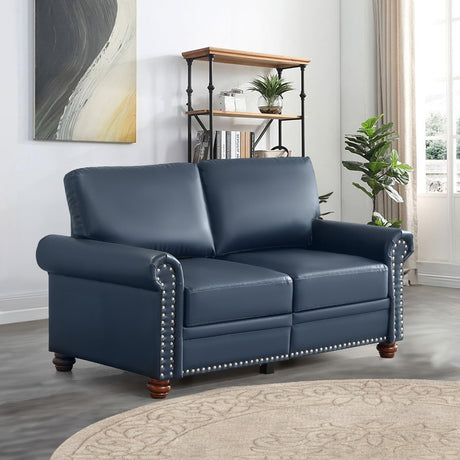 Faux Leather Loveseat Sofa, 59"W Mid Century Modern Couch with Storage, Comfy 2 Seater Sofa with Nailhead Trim & Rolled Armrests, Deep Seat Small Couch for Living Room, Apartment, Office (Navy Blue) JEEOHEY