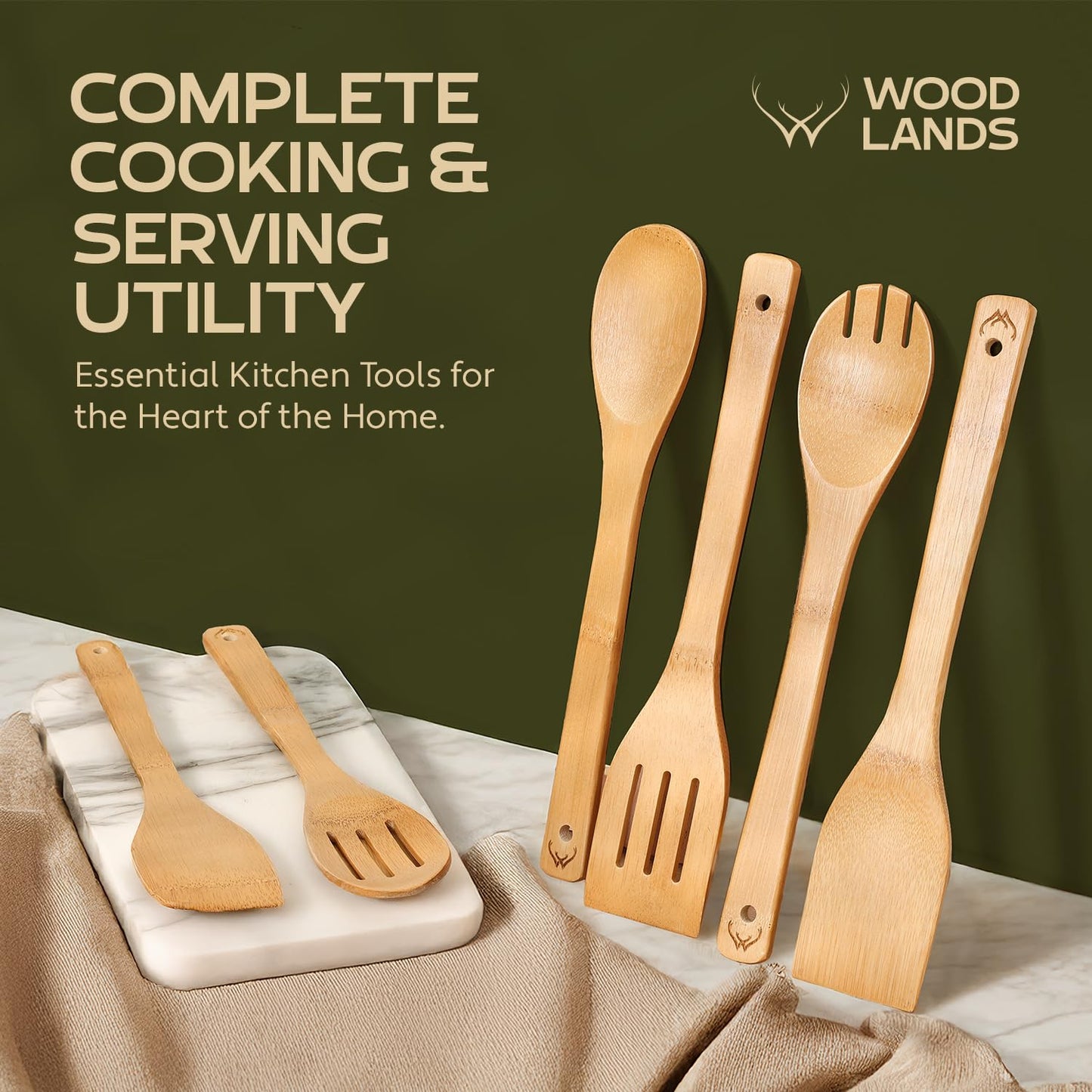 Woodlands-USA Wooden Spoons for Cooking - 6-Piece Wooden Kitchen Utensil Set - Natural Material Bamboo Spatula & wooden cooking utensils - Wooden Spatulas & Wooden Spoons Cooking Tools Set