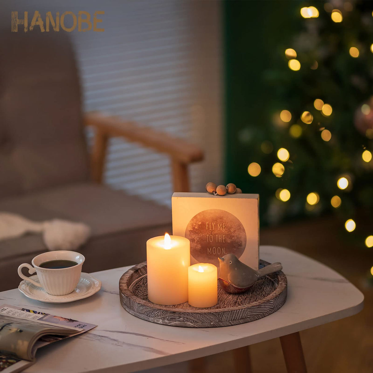 Hanobe Round Wood Candle Tray: Rustic Wooden Candle Holder Whitewash Pillar Stand Farmhouse Tea Light Plate Base for Living Room Coffee Table Centerpiece for Kitchen Counter Bathroom Home Decor,11.8" Hanobe