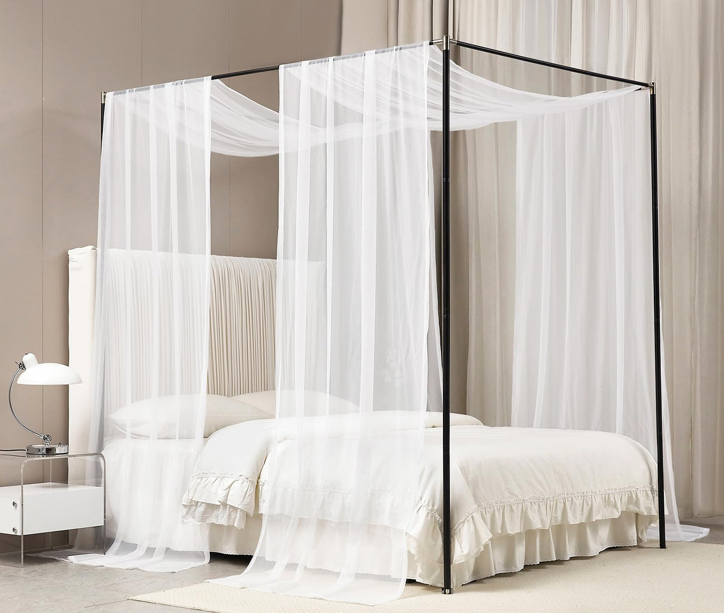 Akiky Canopy Bed Curtains with Light Princess Bed Canopy Scarf for Full/Queen Metal Bed Frame,Wood Frame Bed-2 Panel Sheer Curtain(Full/Queen,White)