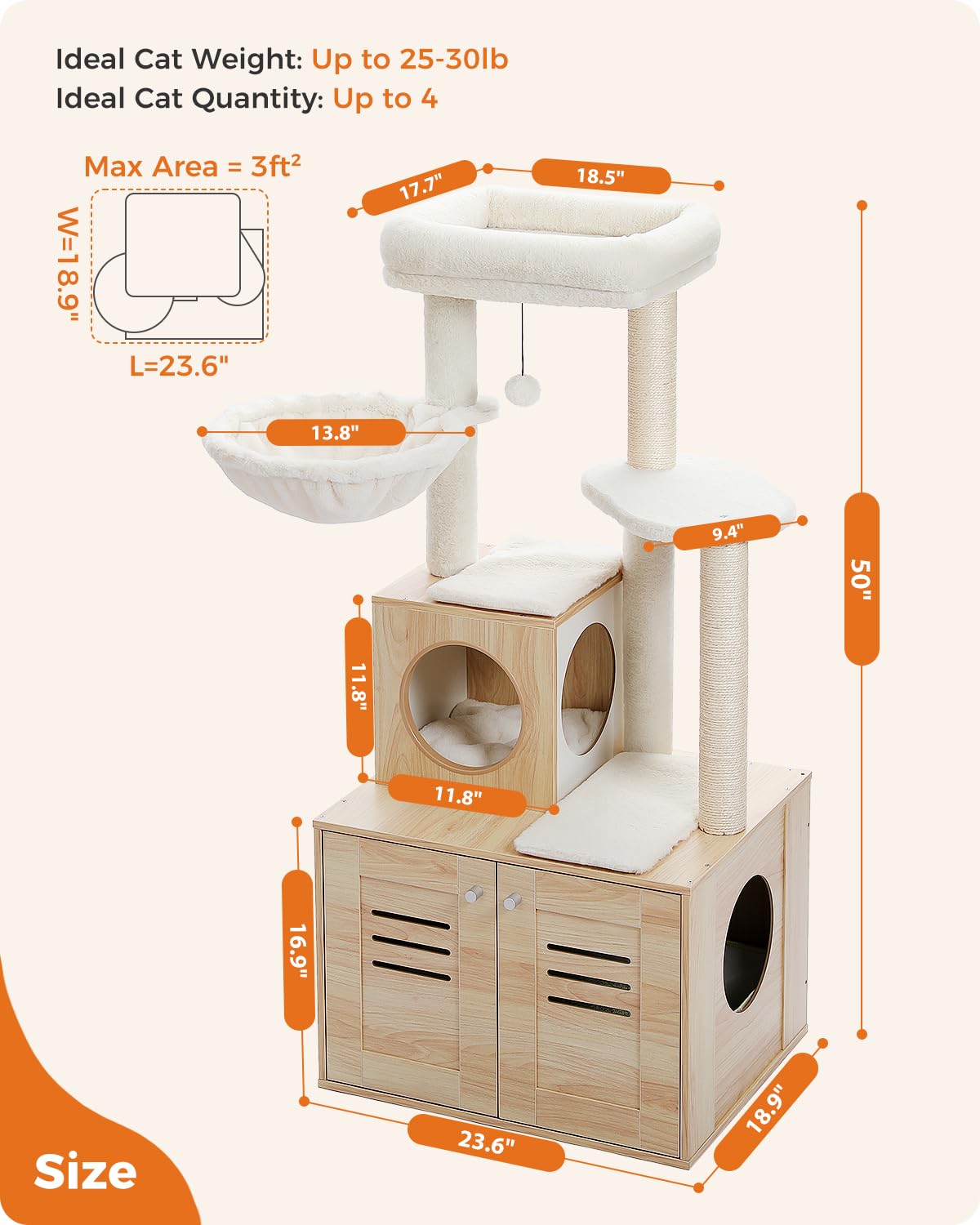 MUTTROS Cat Tree with Litter Box Enclosure, 50" Modern Cat Tree for Large/Fat Cats with Cat Condo, Wooden Cat Furniture with Large Hammock and Top Perch, Beige MUTTROS