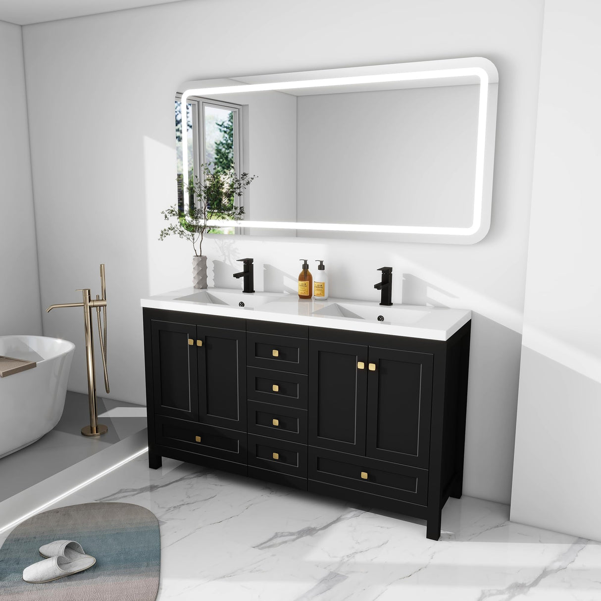 LUCKWIND 60" Bathroom Vanity with Sink, Modern Painted Bathroom Storage Cabinet with Ceramic Basin Sink Top, Faucet and Drawers, Mirror is Not Included, Black LUCKWIND