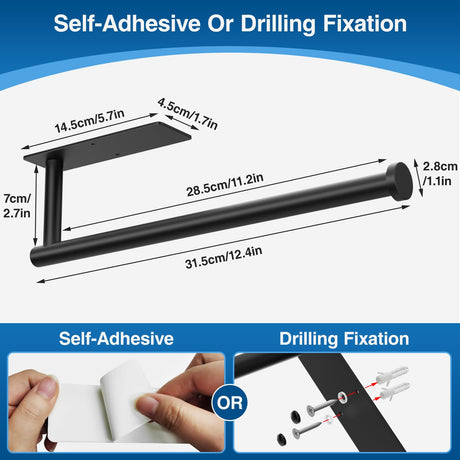 Paper Towel Holder - Self-Adhesive or Drilling, Matte Black Wall Mounted Rack - SUS304 Stainless Steel Kitchen Roll Dispenser Under Cabinet niffgaff