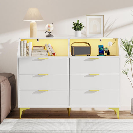 LOUVIXA 6 Drawer Dresser with LED Light, Chest of Drawers with Charging Station, Large Double Dressers, Wooden Dressers for Bedroom, Living Room, Entryway, Hallway (White) LOUVIXA