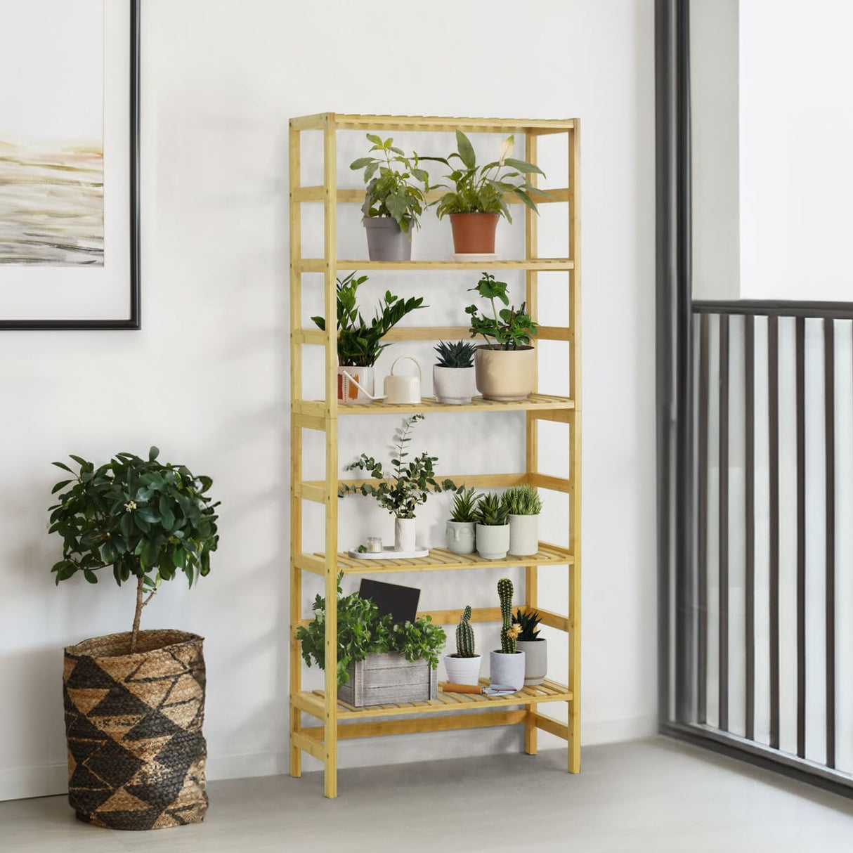CAPHAUS 5-Tier Adjustable Bamboo Storage Shelf - Multifunctional Organiser for Home & Garden CAPHAUS