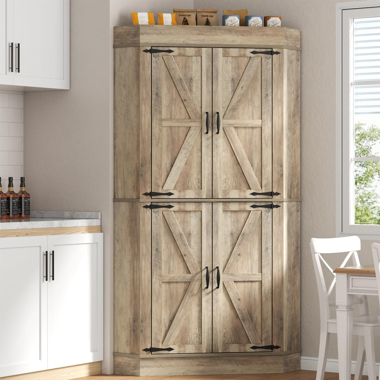 Gyfimoie Corner Cabinet,Kitchen Pantry Storage Cabinet,Freestanding Buffet Cabinet with 4 Doors and Shelves,Tall Food Pantry Cabinet Farmhouse Furniture with Side Rack for Kitchen Dining Room(Retro) Gyfimoie