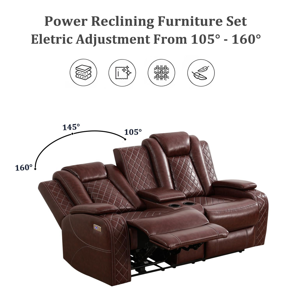GEBADOL Power Recliner Sofa Set,Burgundy Leather Reclining Couch with USB Port/Cup Holders/Storage Console,Leather Sofas with Power Recliner for Living Room/Apartment/Office GEBADOL