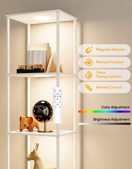Display Shelf with RGBCW Light, Color Changing Curio Cabinet Floor Lamp with Shelves Corner Standing Column Lamp Etagere Organizer Tower Nightstand Bookcase for Living Room Bedroom Office Décor White PARTPHONER