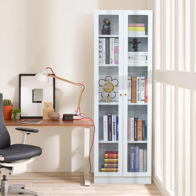 IRONMIX Modern Display Cabinet with Doors, Curio Cabinet with 4 Adjustable Shelves, 5-Tier Display Case, 71" Tall China Cabinet for Living Room, Tall Bookcase for Home Office (23.5 W, White)