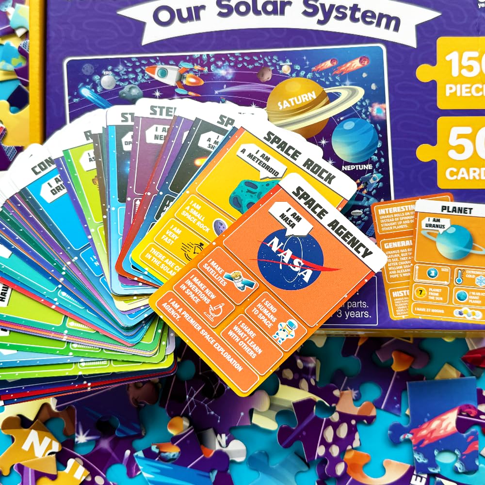 QUOKKA Puzzles for Kids Ages 8-10 - 150 Pcs Jigsaw Puzzles for 6-8 Year Olds - 400+ Facts on 50 Double-Sided Flashcards | Learn Space | Education Activity Gift - Shaped Puzzles for Toddlers 4-6 QUOKKA