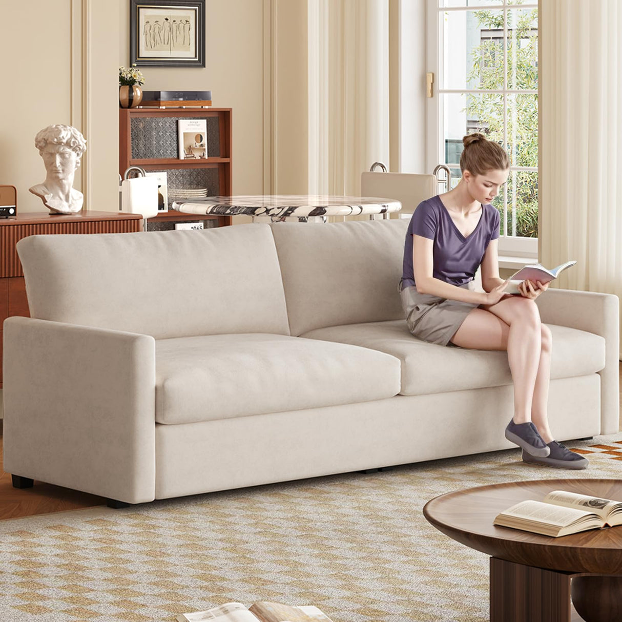 QEZEOM Small Loveseat Sofa, 70.07" Modern Upholstered Couch for Small Spaces, Comfy 2-Seater Sofa with Soft Polyester Velvet, Breathable & Easy to Clean, Cream White QEZEOM